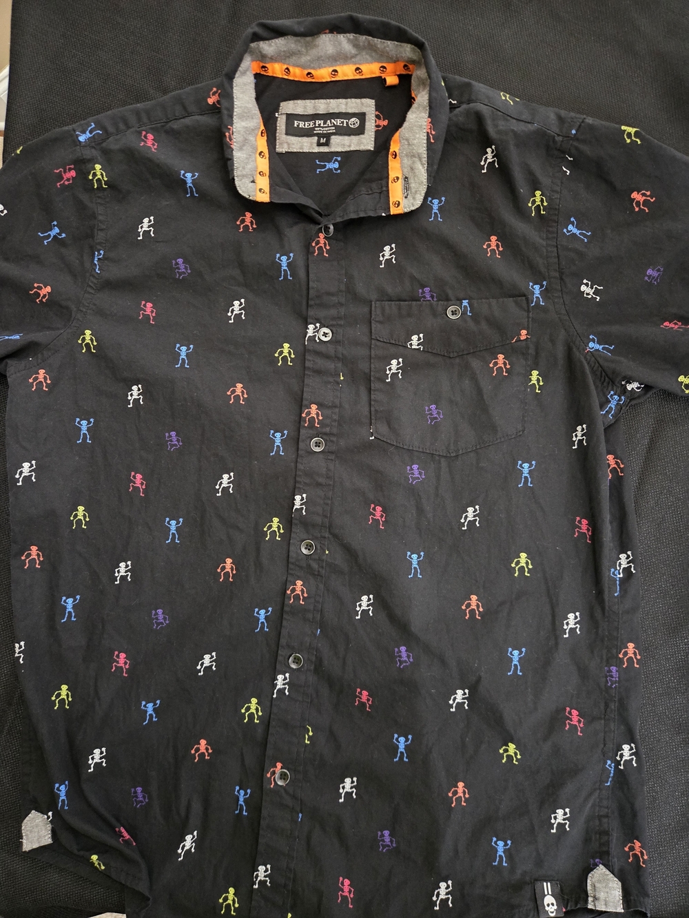 Free Planet Men's Black Button-Up Shirt with Multicolor Stick Figure Print
